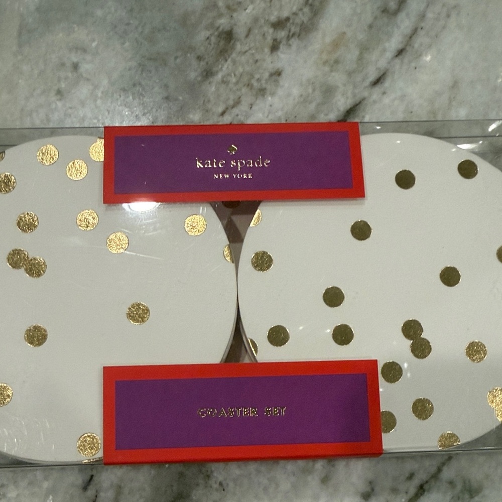 kate spade white and gold polka dot coaster set